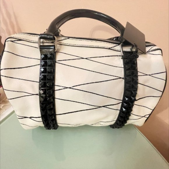 L.A.M.B. White Leather With Black Stripes & Black Studded Top Handle Satchel - Picture 2 of 12